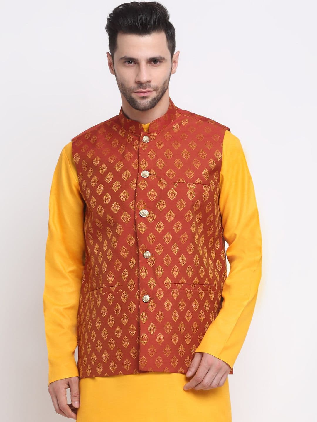 NEUDIS Men Maroon & Gold-Toned Woven Design Jacquard Dupion Silk Nehru Jacket - view 1