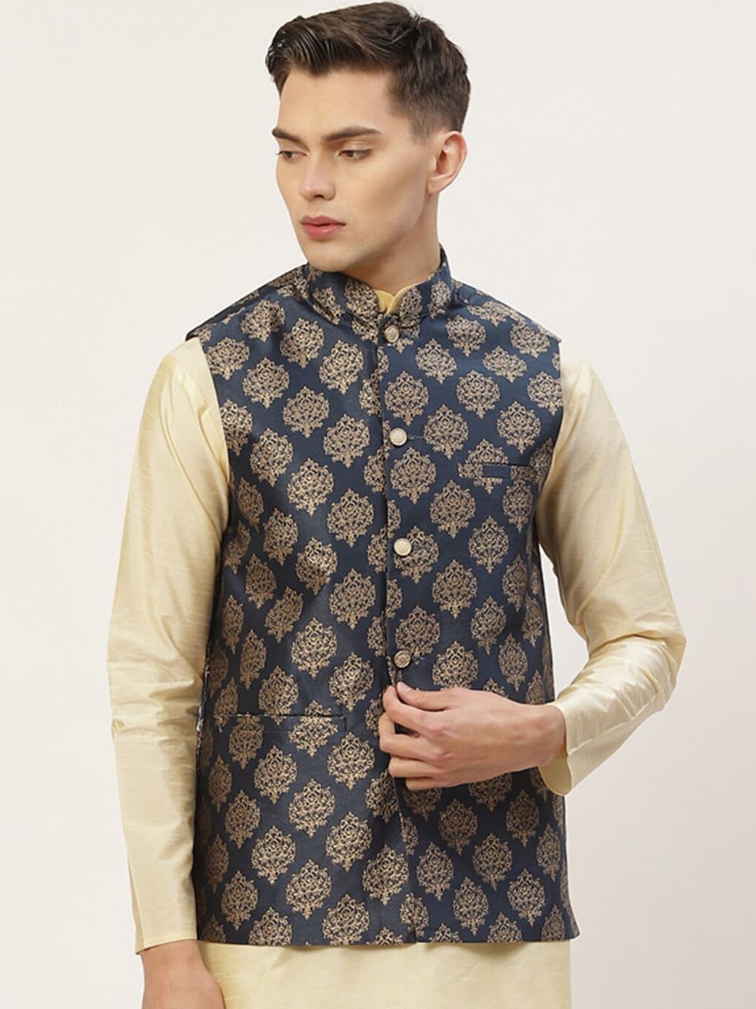 Jompers Men Navy Blue & Gold Printed Woven Nehru Jackets - view 1