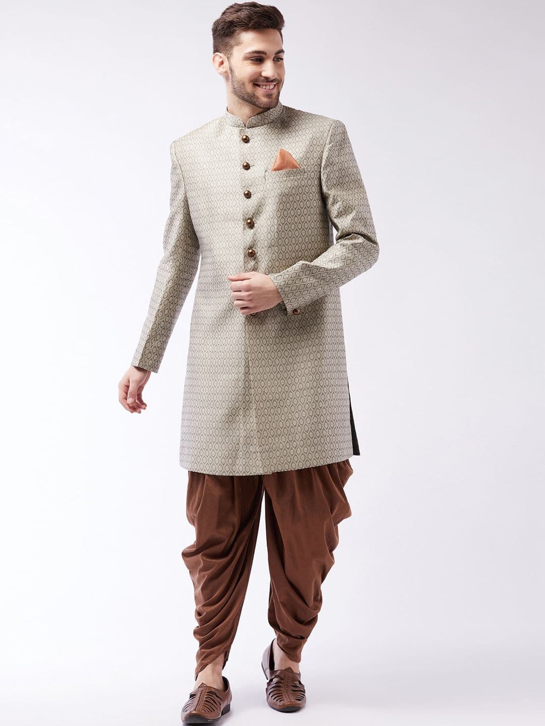 Vastramay Men Beige & Coffee Brown Woven Design Banarasi Silk Jacquard Sherwani Set - view 1