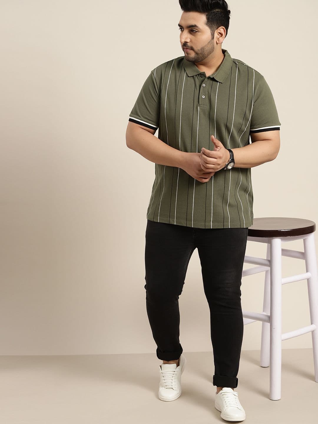 Sztori Men Plus Size Men Olive Green & Black Pure Cotton Striped Polo Collar T-shirt - view 1