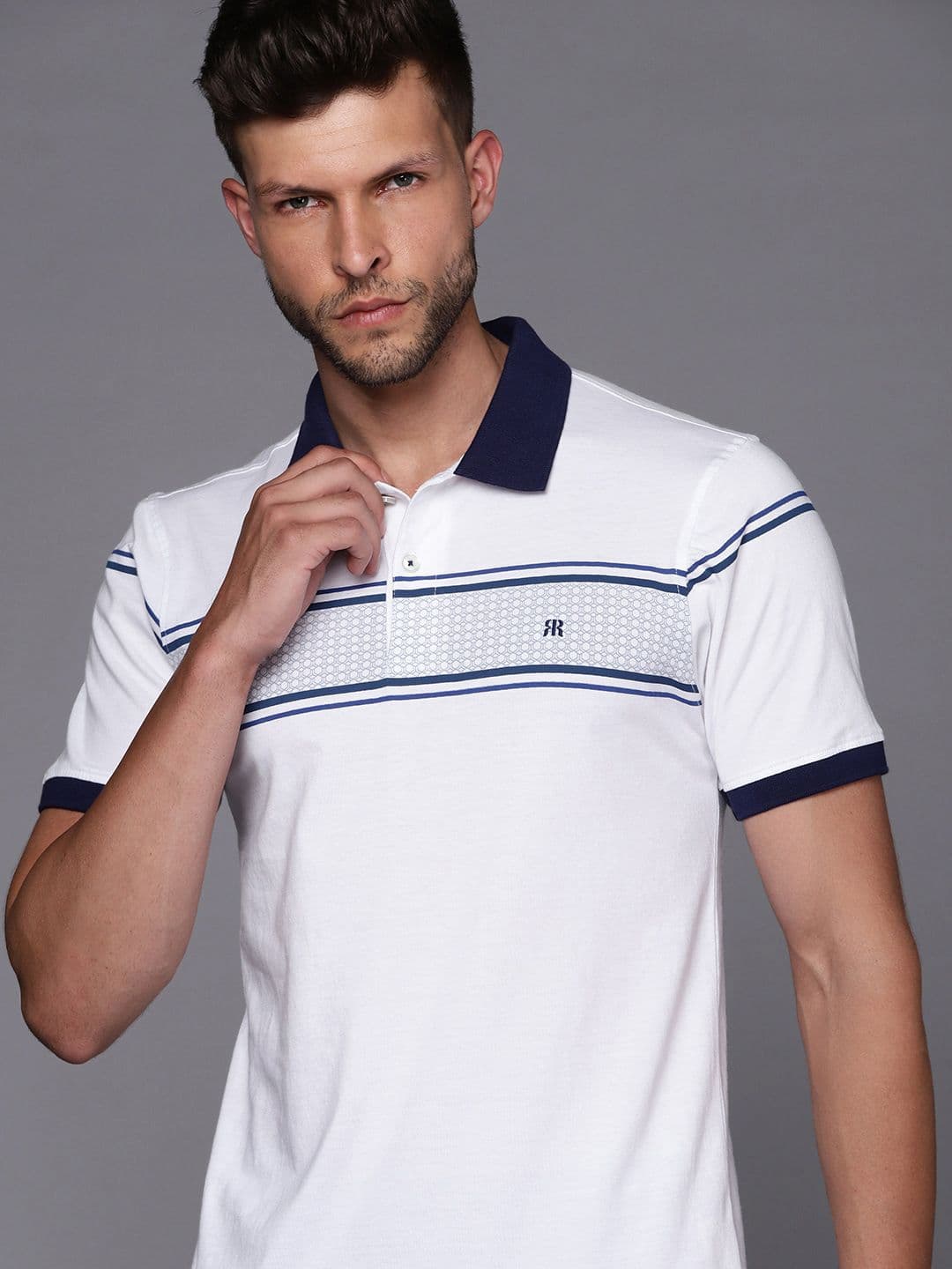Raymond Men White & Navy Blue Pure Cotton Geometric Printed Polo Collar T-shirt - view 1