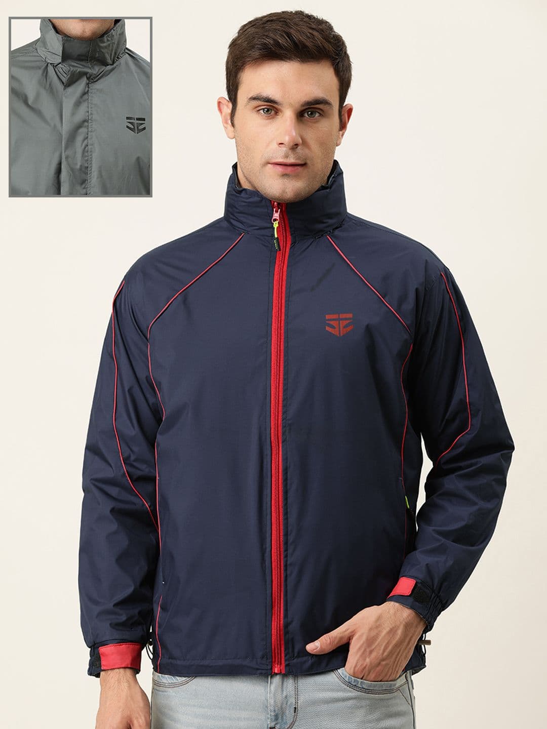 Sports52 wear Men Dark Blue And Grey Solid Reversible Rain Jacket - view 1
