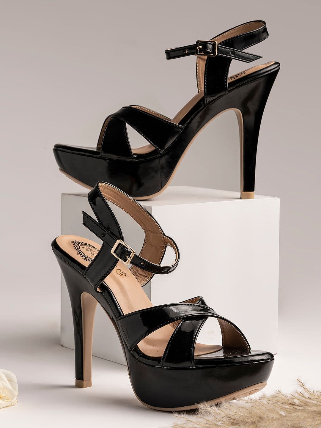 Shoetopia Black Stiletto Heels with Buckles - view 1
