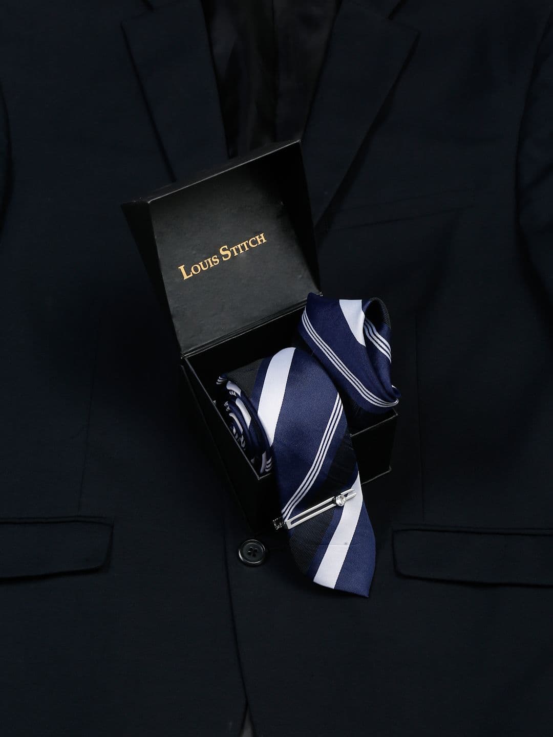 LOUIS STITCH Men Lined Blue Stripes Italian Silk Necktie Accessory Gift Set - view 1