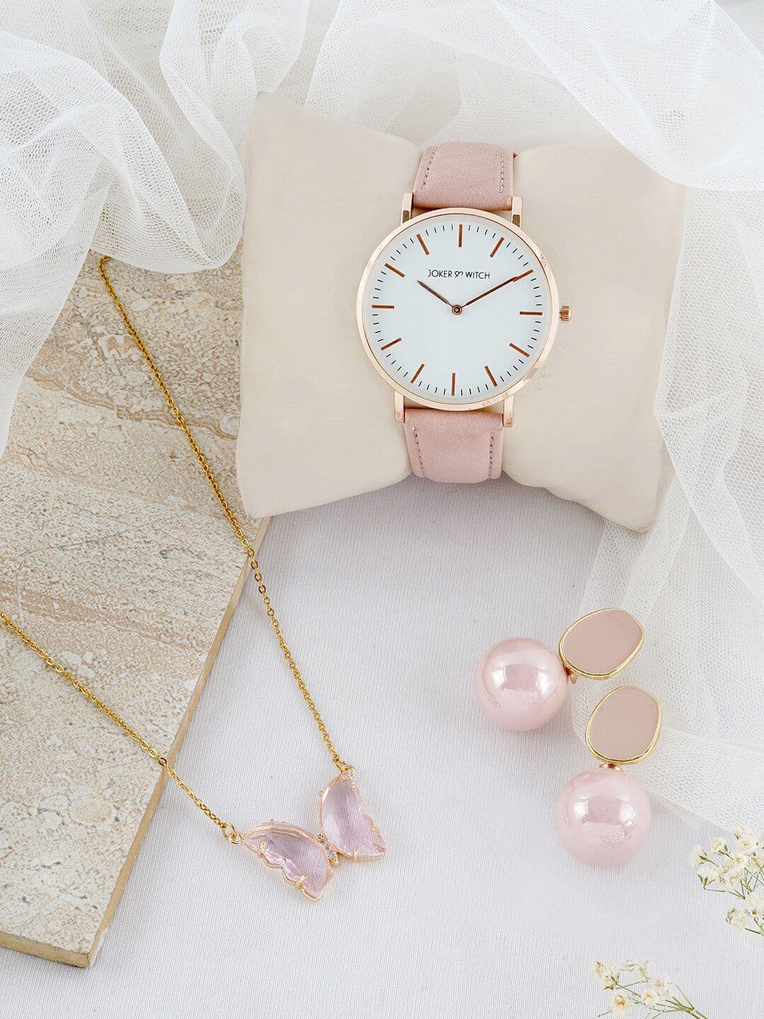 JOKER & WITCH Gold-Toned & Pink Beaded Watch Gift Set JWLS396 - view 1