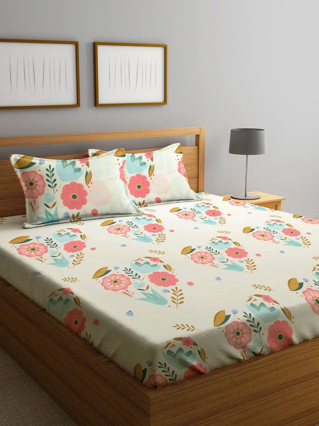 KLOTTHE Cream Floral Cotton 300 TC King Fine Bedsheet with 2 Pillow Covers-250 x 225 cm - view 1