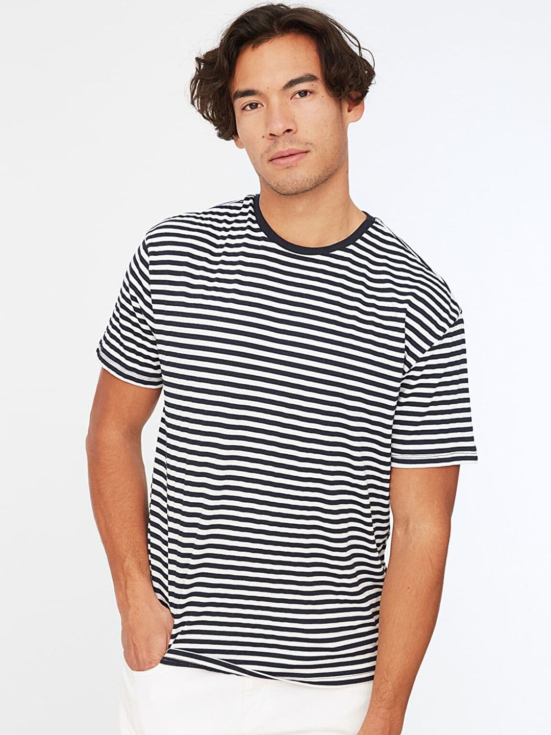 Trendyol Men Navy Blue & White Striped T-shirt - view 1