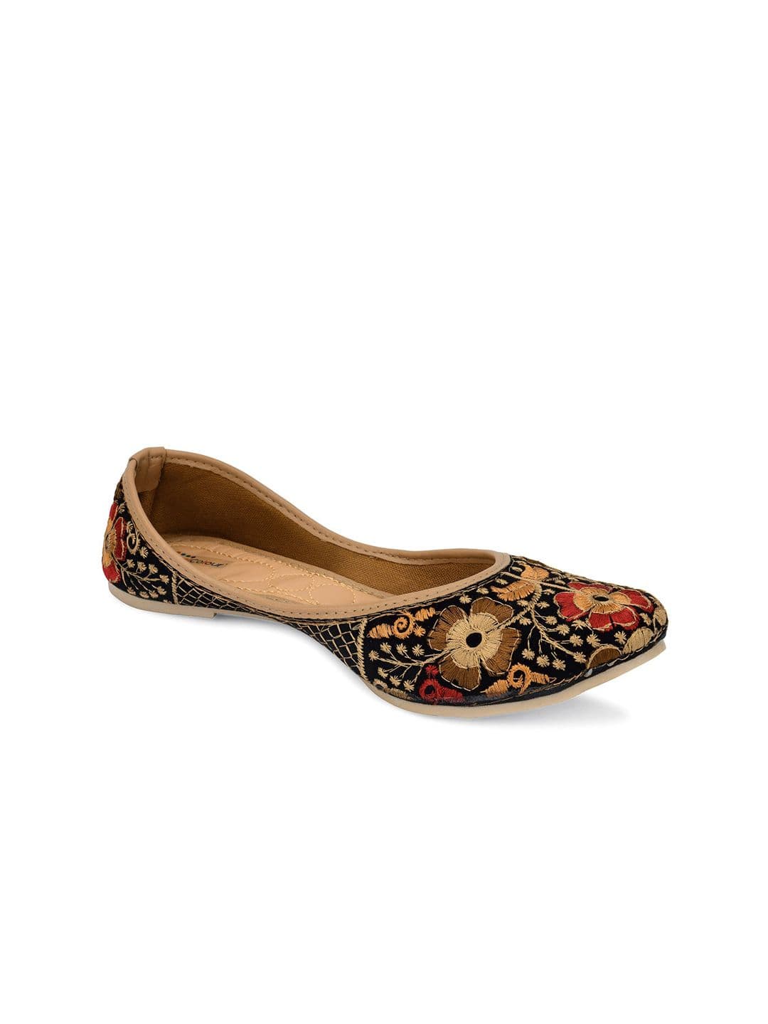 DESI COLOUR Women Black & Beige Ethnic Mojaris Flats - view 1