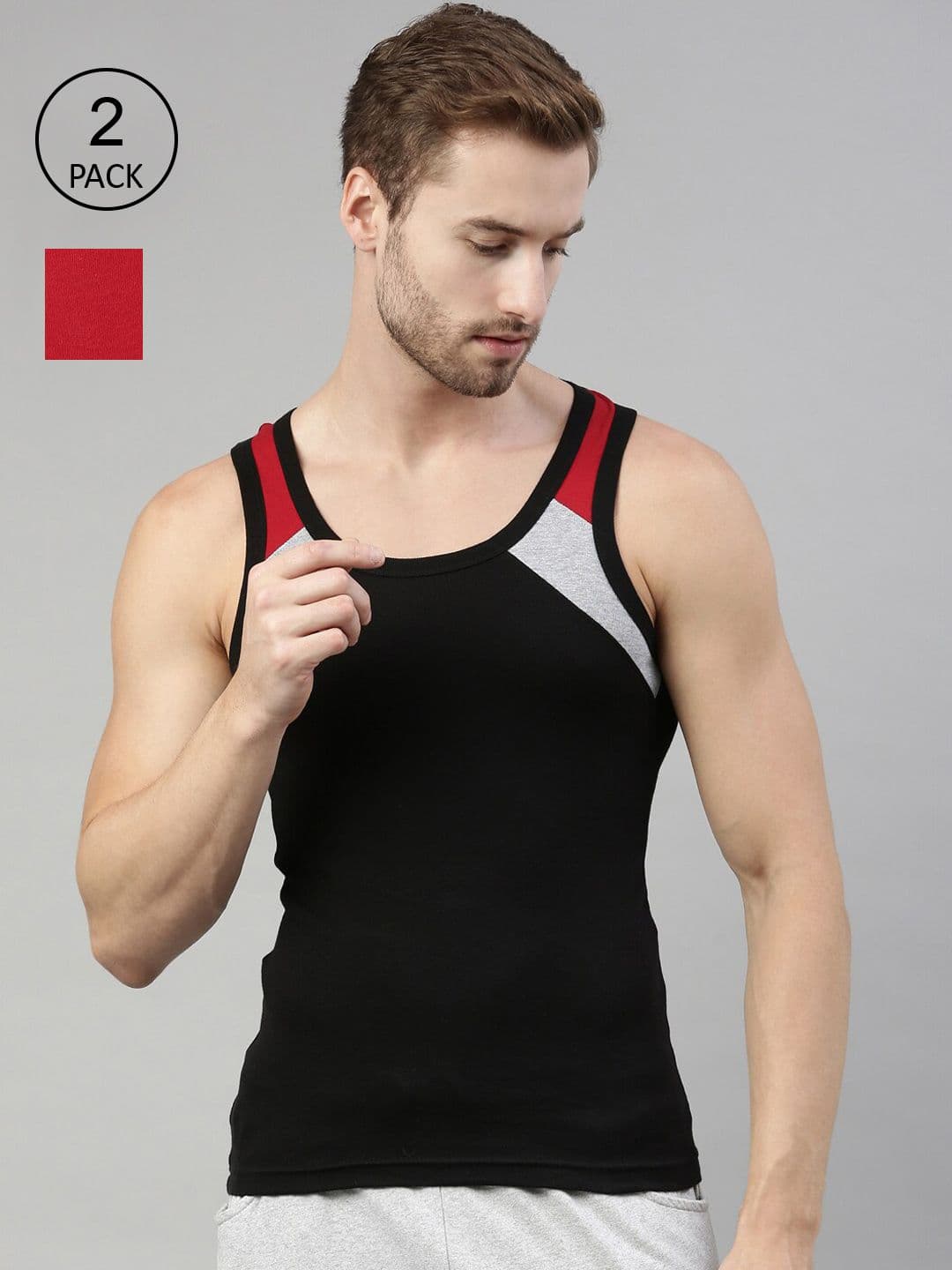 DIXCY SCOTT Men Pack of 2 Combed Cotton Racerback Color Block On Shoulder Gym Vest - view 1