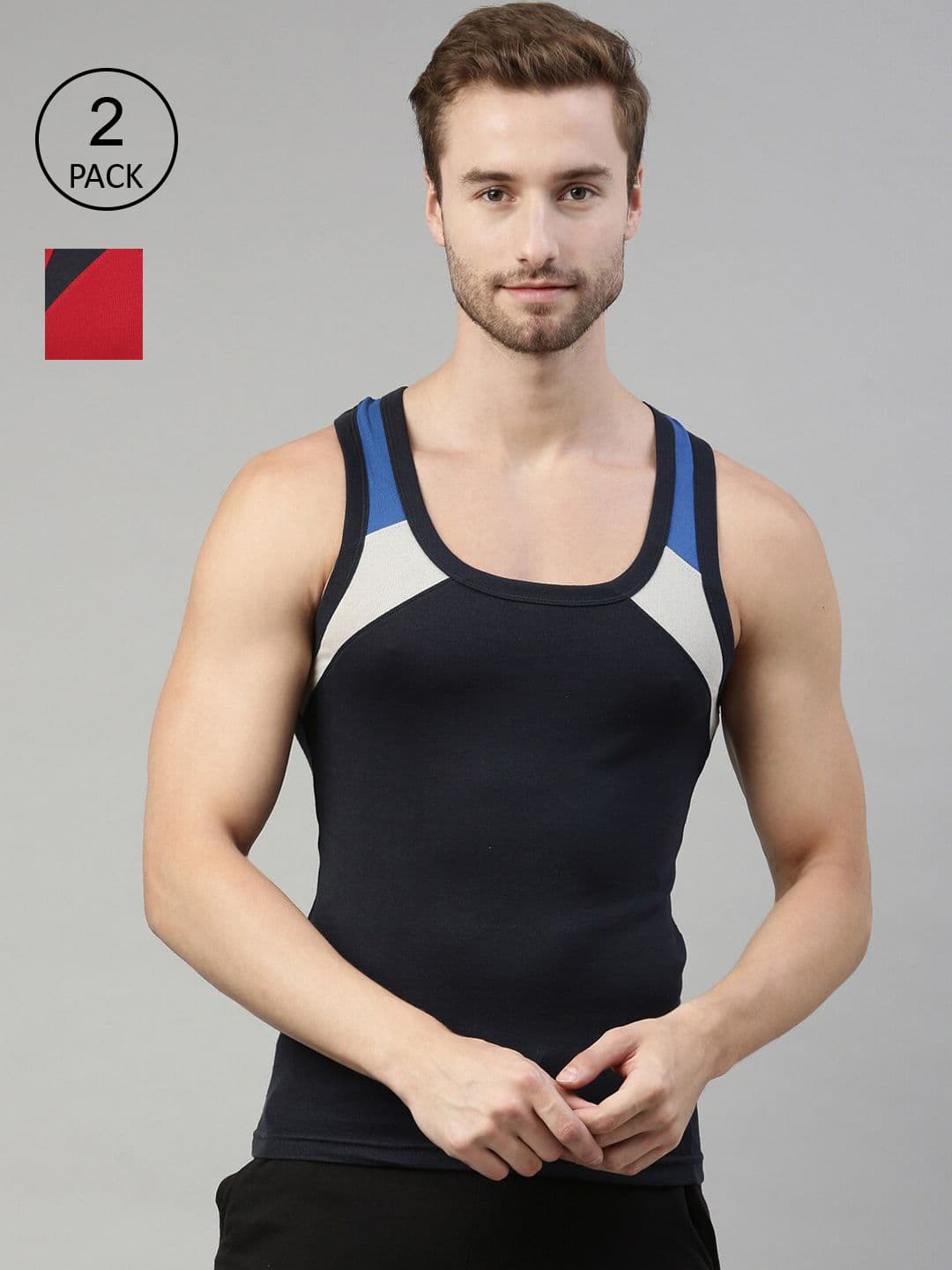 DIXCY SCOTT Men Pack of 2 Combed Cotton Racerback Color Block On Shoulder Gym Vest - view 1