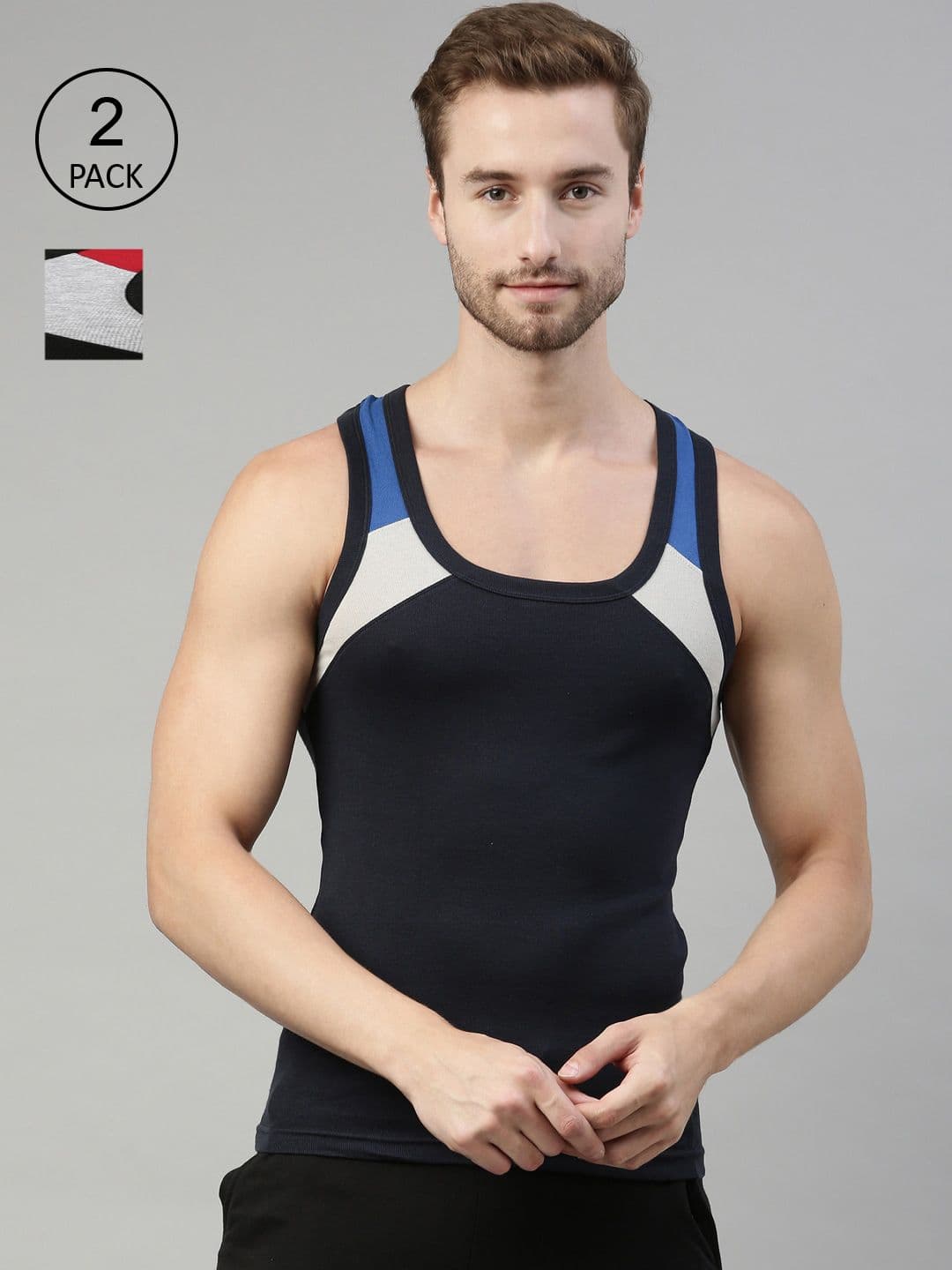 DIXCY SCOTT Men Pack of 2 Combed Cotton Racerback Color Block On Shoulder Gym Vest - view 1