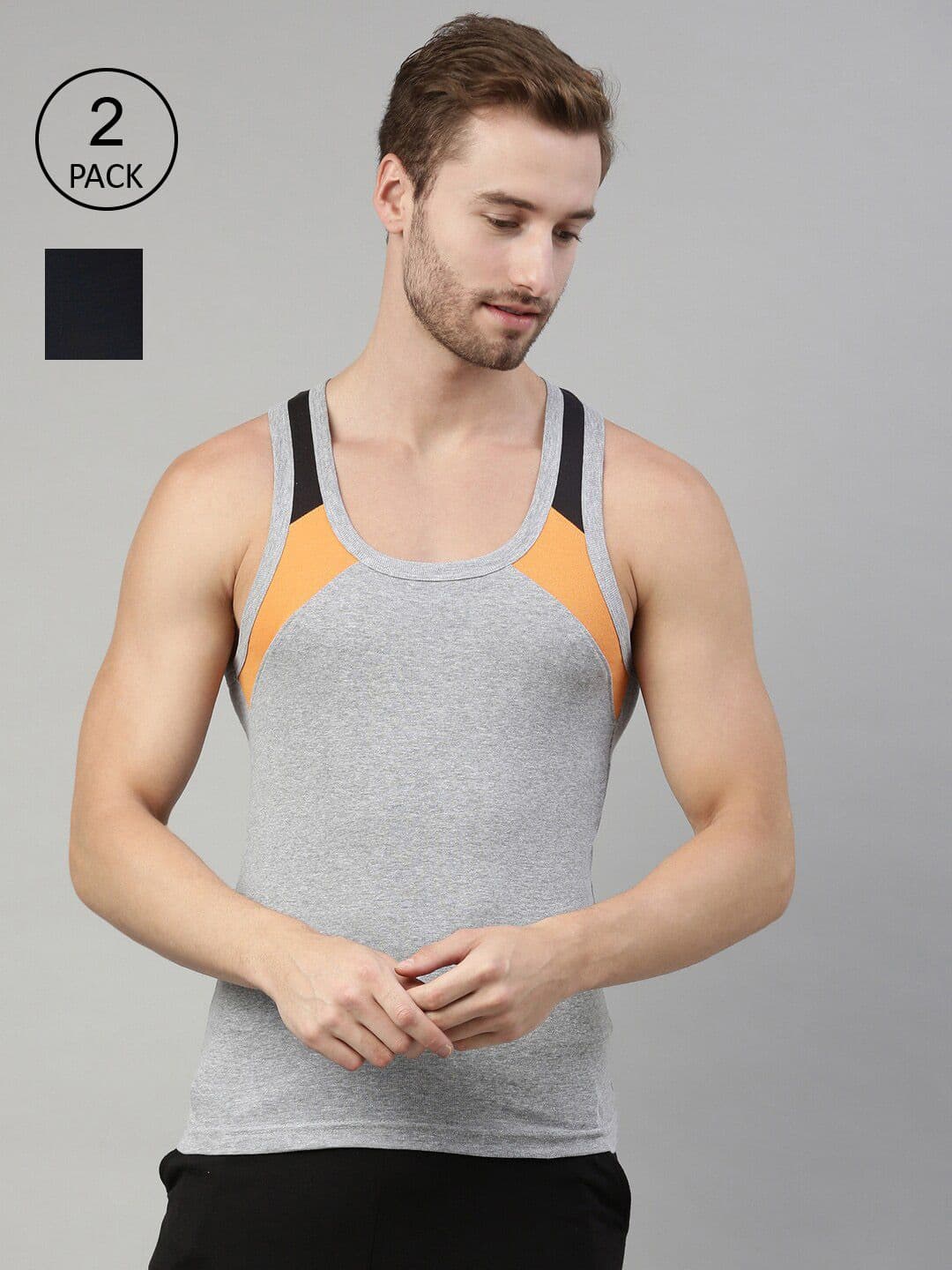 DIXCY SCOTT Men Pack of 2 Combed Cotton Racerback Color Block On Shoulder Gym Vest - view 1
