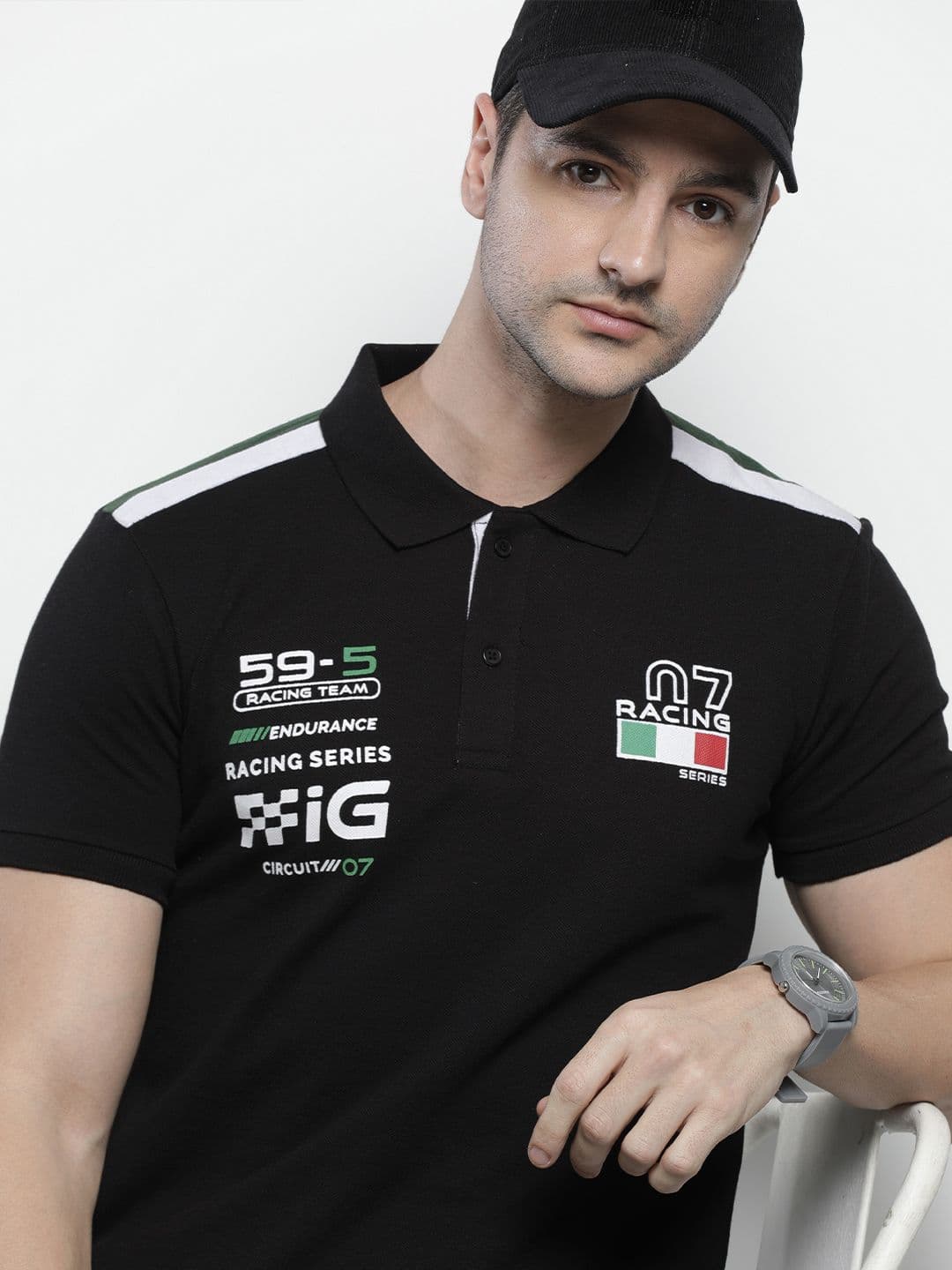 The Indian Garage Co Men Black & White Typography Printed Polo Collar Slim Fit T-shirt - view 1