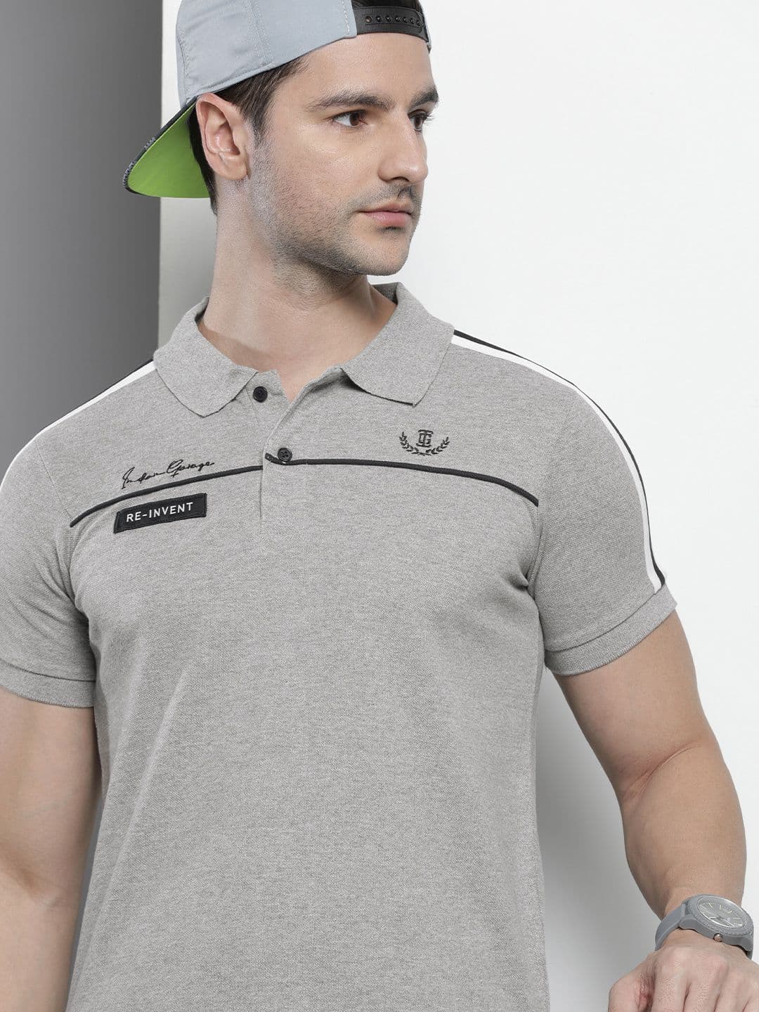 The Indian Garage Co Men Grey Solid Polo Collar Applique Detail Slim Fit T-shirt - view 1