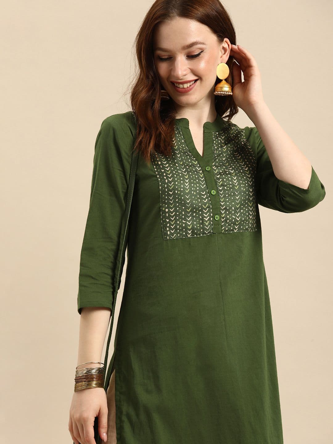 all about you X fwd Women Olive Green Geometric Yoke Design Pure Cotton Kurta - view 1