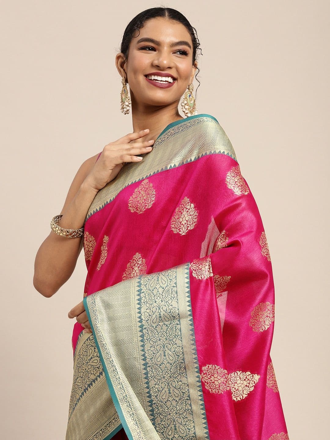 Silk Land Pink & Golden Ethnic Motifs Zari Banarasi Saree - view 1