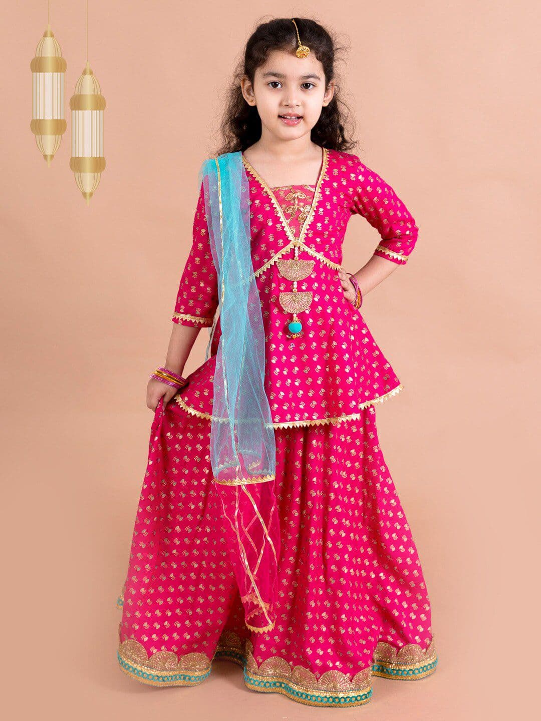 Pspeaches Girls Magenta And Blue Foil Rayon Lehenga Blouse Dupatta Set - view 1