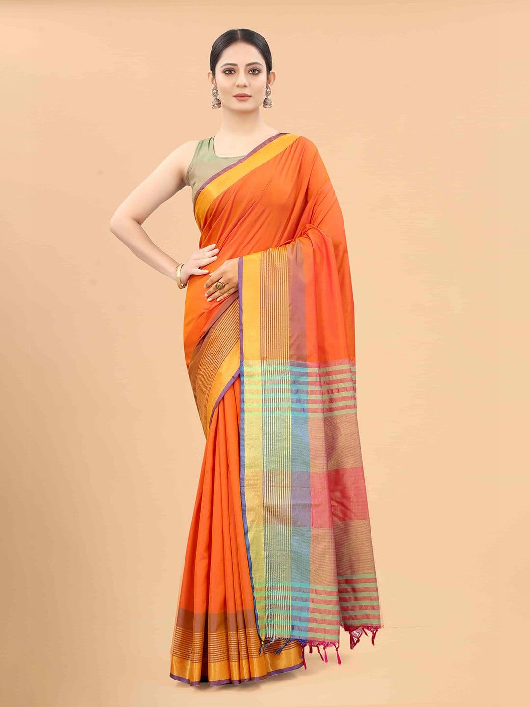 Silk Land Orange & Blue Zari Art Silk Arani Saree - view 1