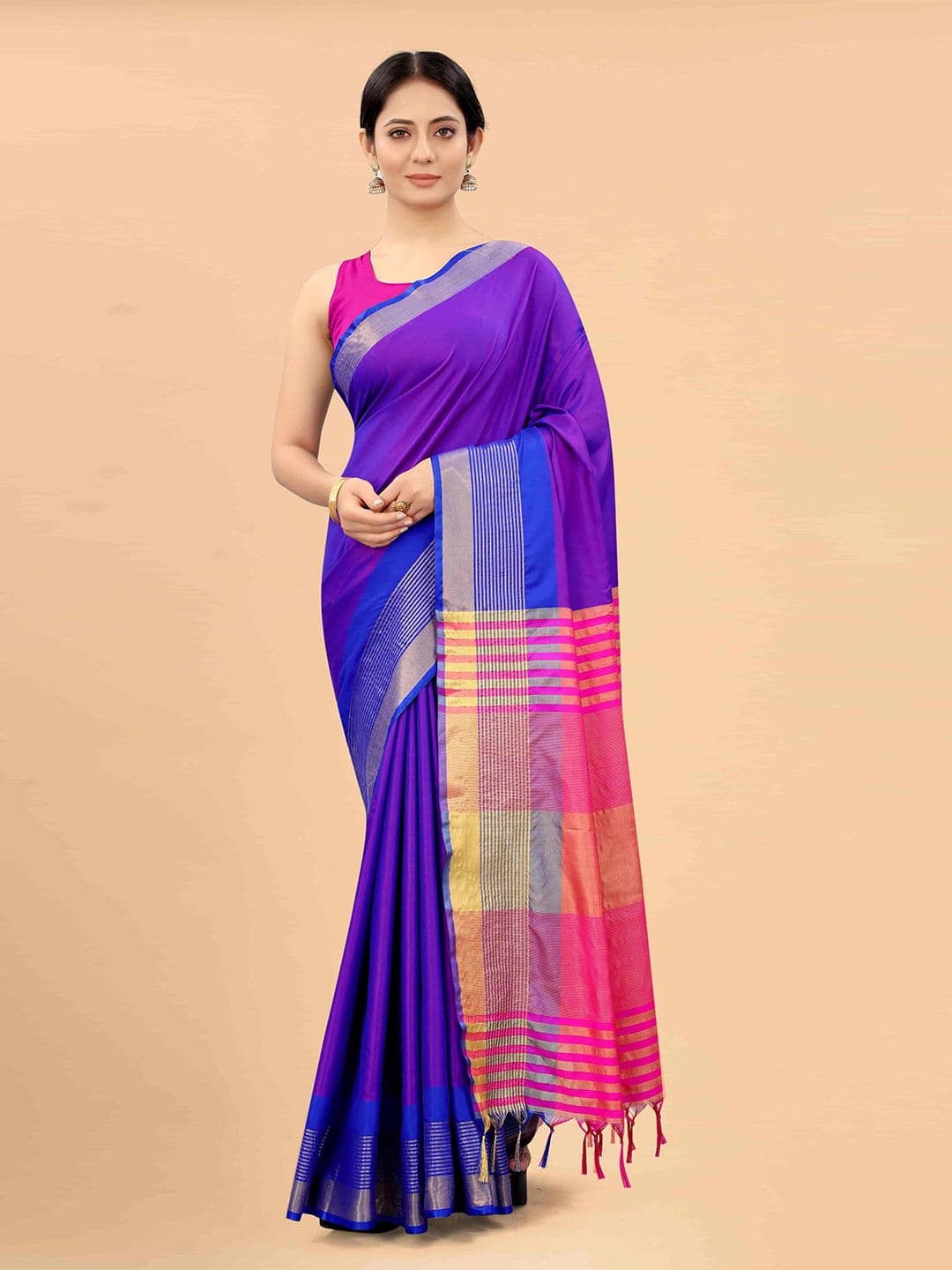 Silk Land Blue & Magenta Zari Art Silk Fusion Arani Saree - view 1