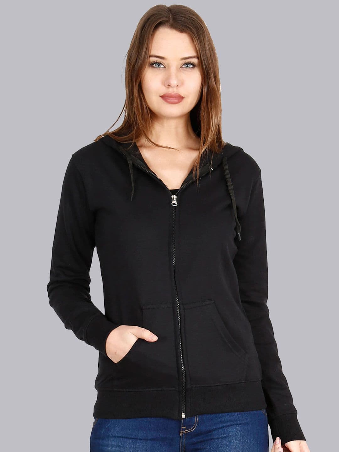 Fleximaa Women Black Hooded Cotton Front-Open Sweatshirt - view 1