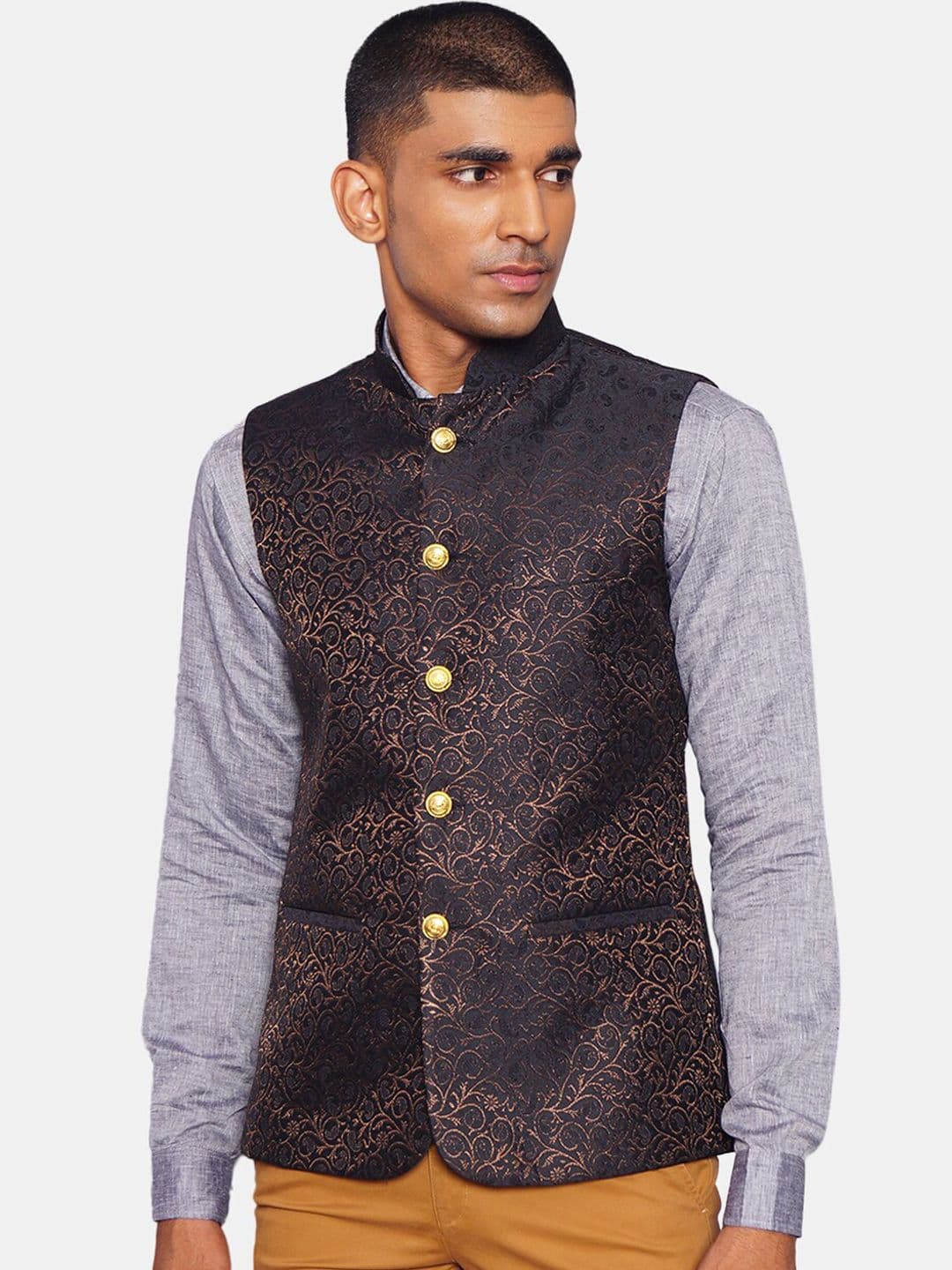 Wintage Men Black & Rose Gold-Coloured Printed Woven Nehru Jacket - view 1