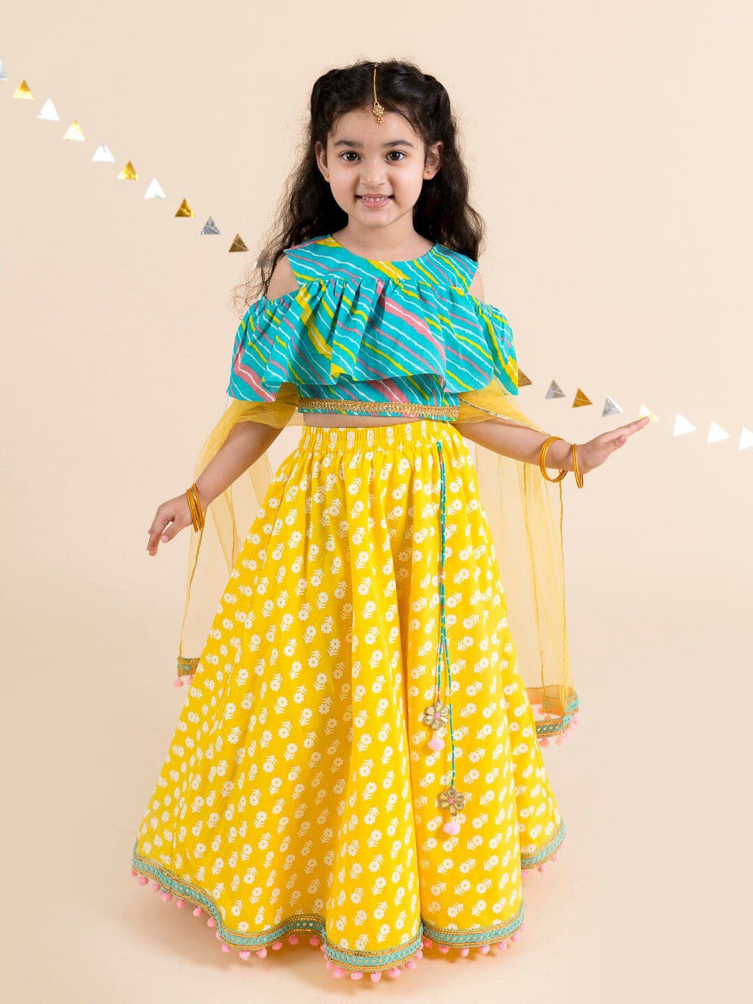 Pspeaches Girls Turquoise And Yellow Leheriya Cotton Lehenga Choli Dupatta Set - view 1