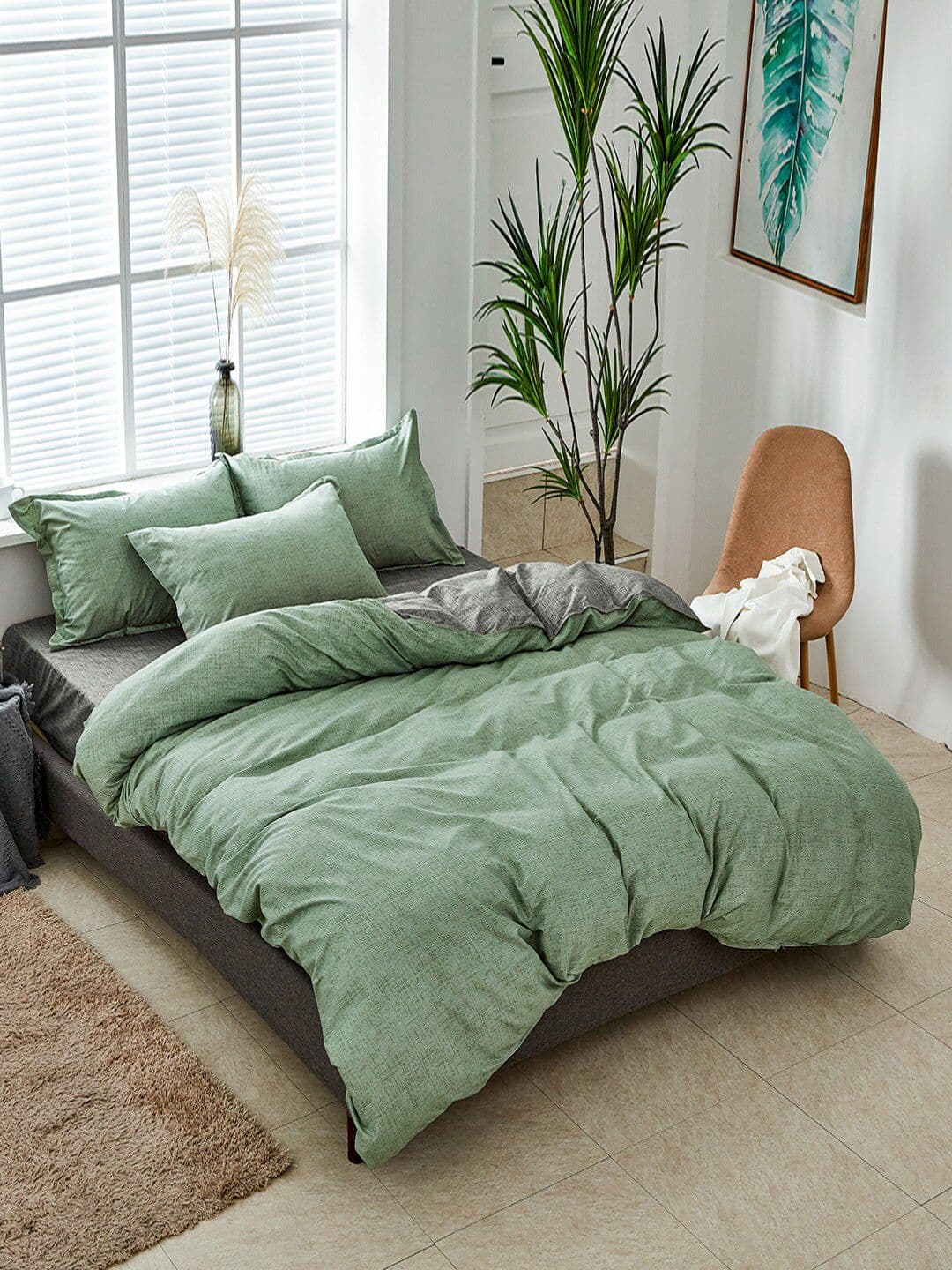 JC HOME Green & Grey Solid Double King Bedding Set - view 1