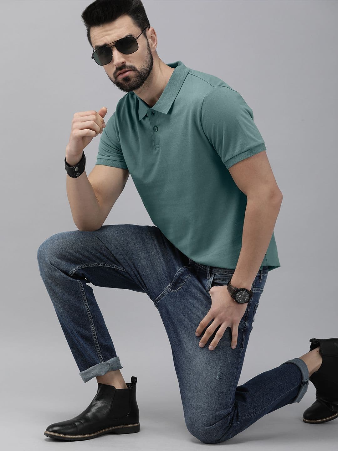 The Roadster Lifestyle Co Men Green Polo Collar Cotton T-shirt - view 1