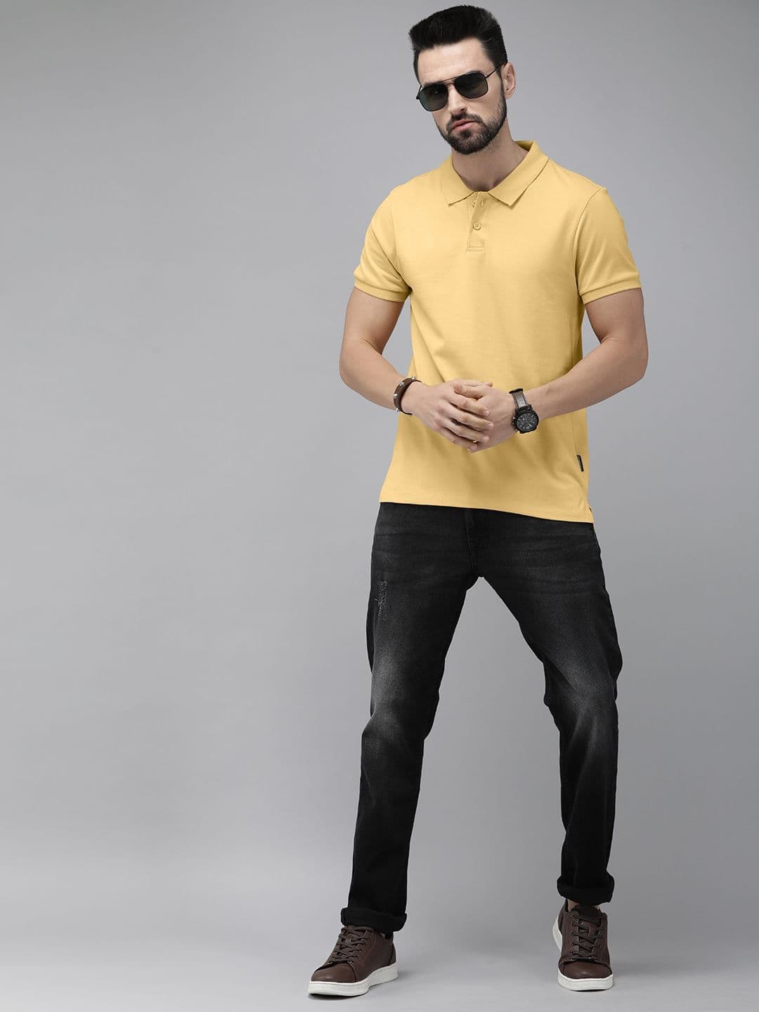 The Roadster Lifestyle Co Men Yellow Polo Collar Pure Cotton T-shirt - view 1