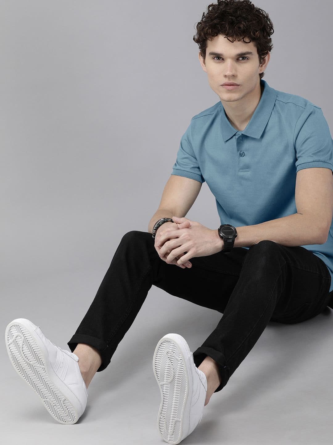 The Roadster Lifestyle Co. Men Blue Solid Polo Collar Slim Fit Cotton T-shirt - view 1