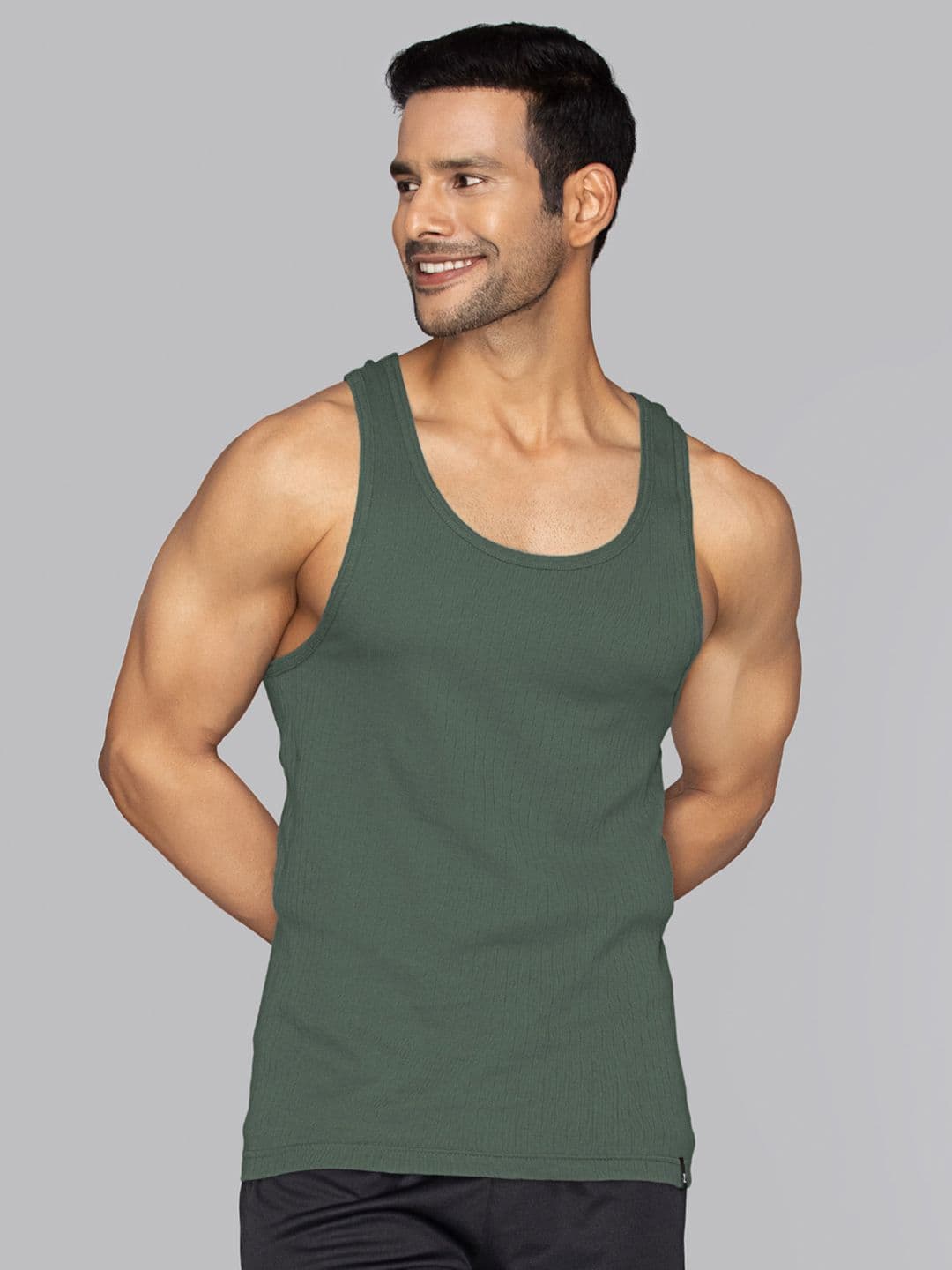 XYXX Men Solid Nova Super Combed Cotton Olive Round Neck Innerwear Vest - view 1