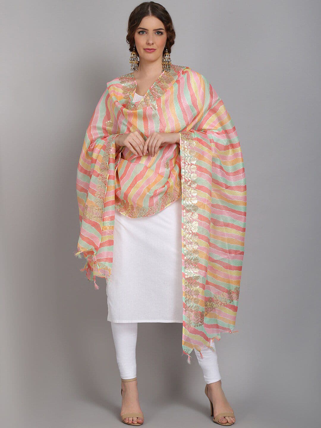 SOUNDARYA Pink & Peach-Coloured Striped Pure Cotton Leheriya Dupatta - view 1