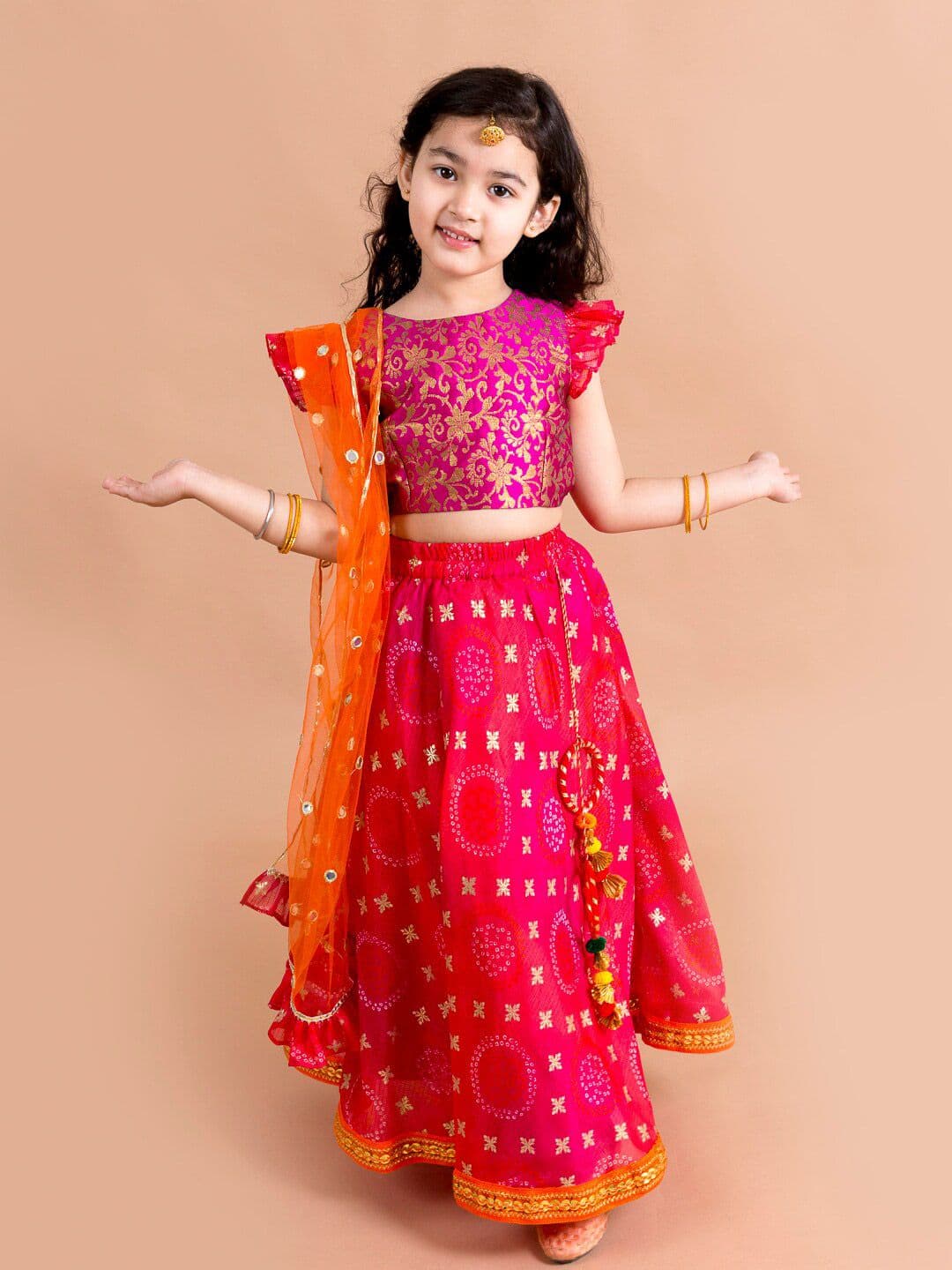 Pspeaches Girls Magenta And Orange Kota Check Foil Lehenga Brocade Choli Set - view 1