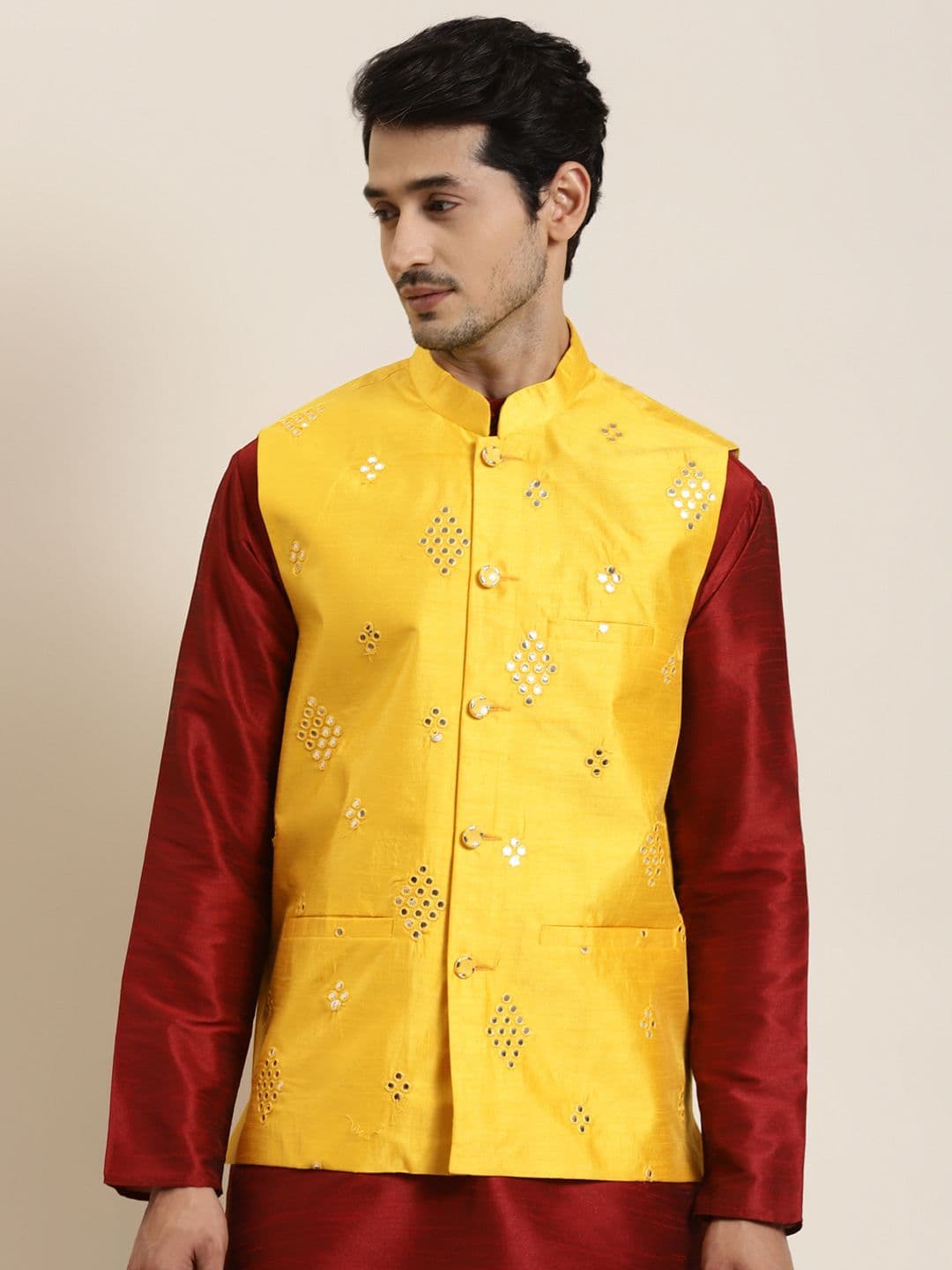 SOJANYA Men Yellow Mirror Work Nehru Jacket - view 1