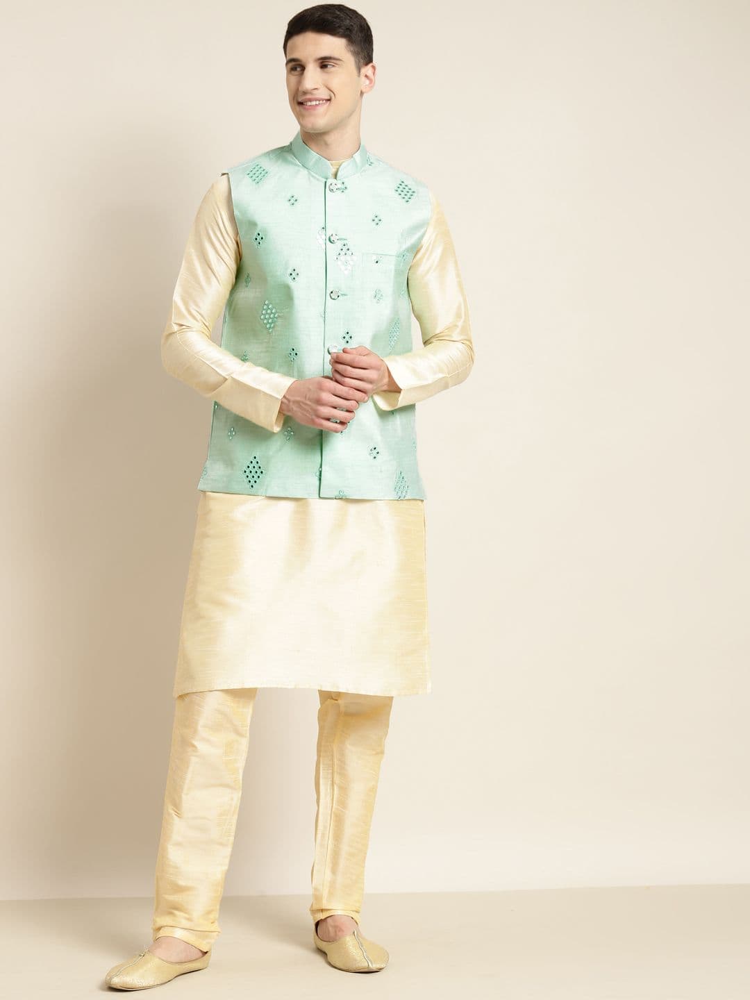 SOJANYA Men Sea Green Mirror Work Nehru Jacket - view 1