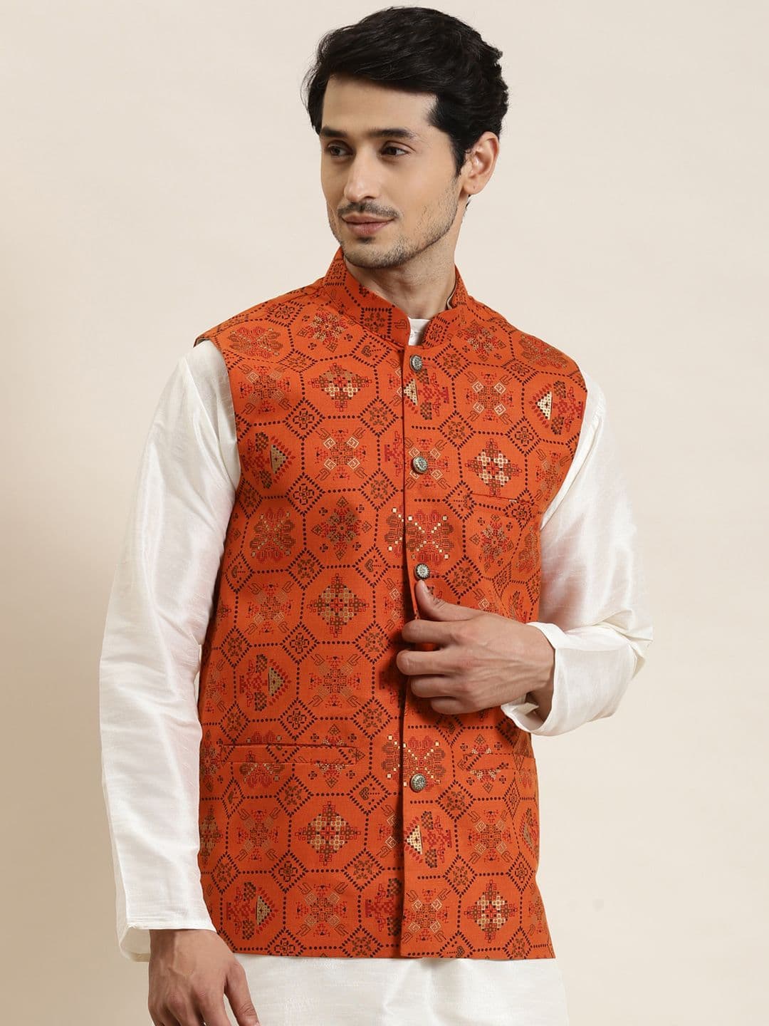 SOJANYA Men Orange Ethnic Motifs Printed Nehru Jacket - view 1