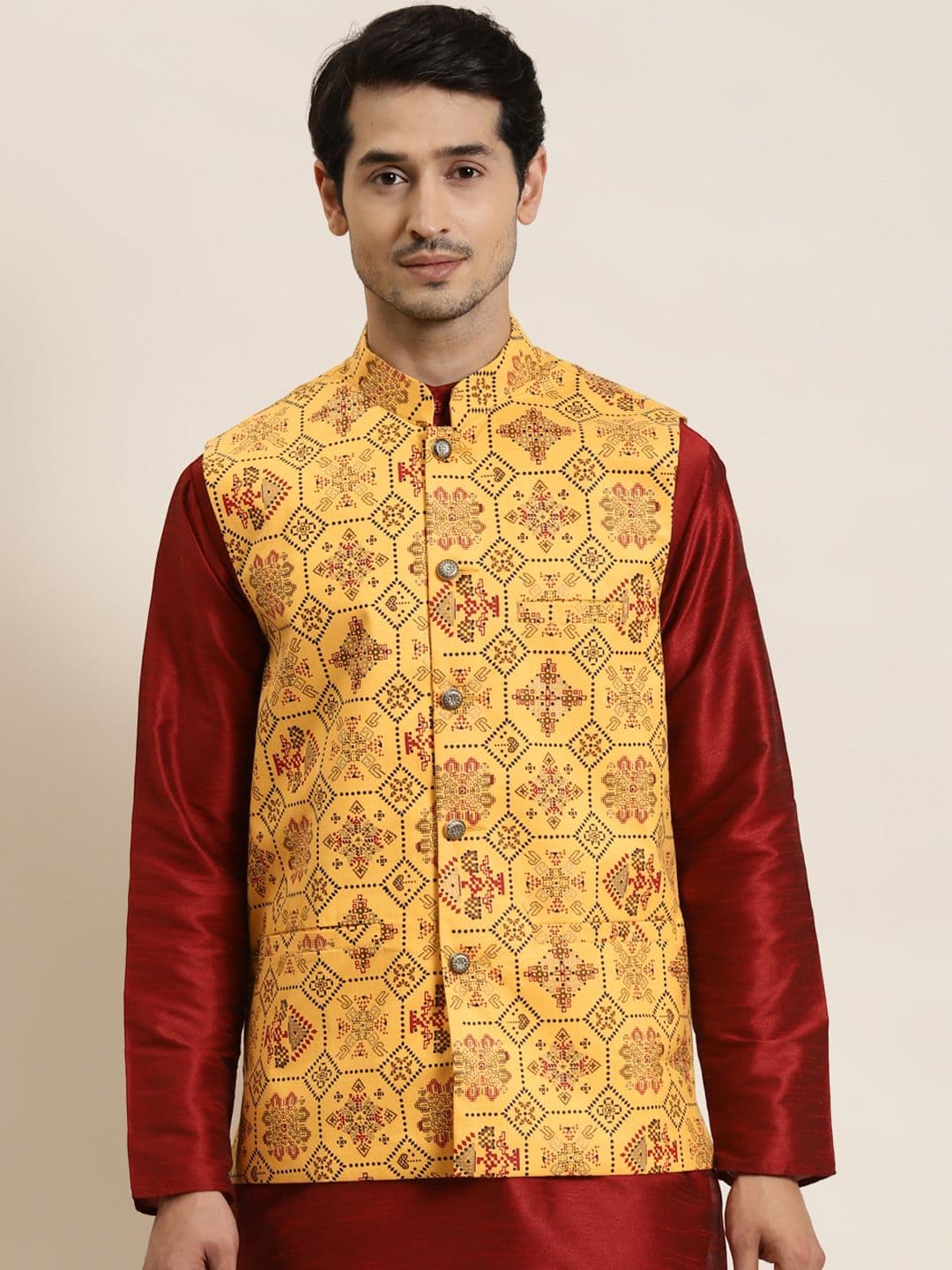 SOJANYA Men Yellow Ethnic Motifs Printed Nehru Jacket - view 1