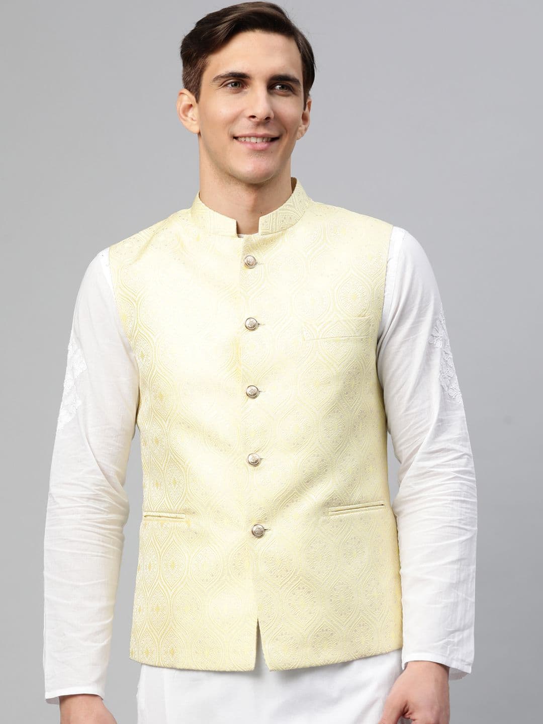 MANQ Men Beige & White Ethnic Motifs Jaquard Woven Design Nehru Jacket - view 1