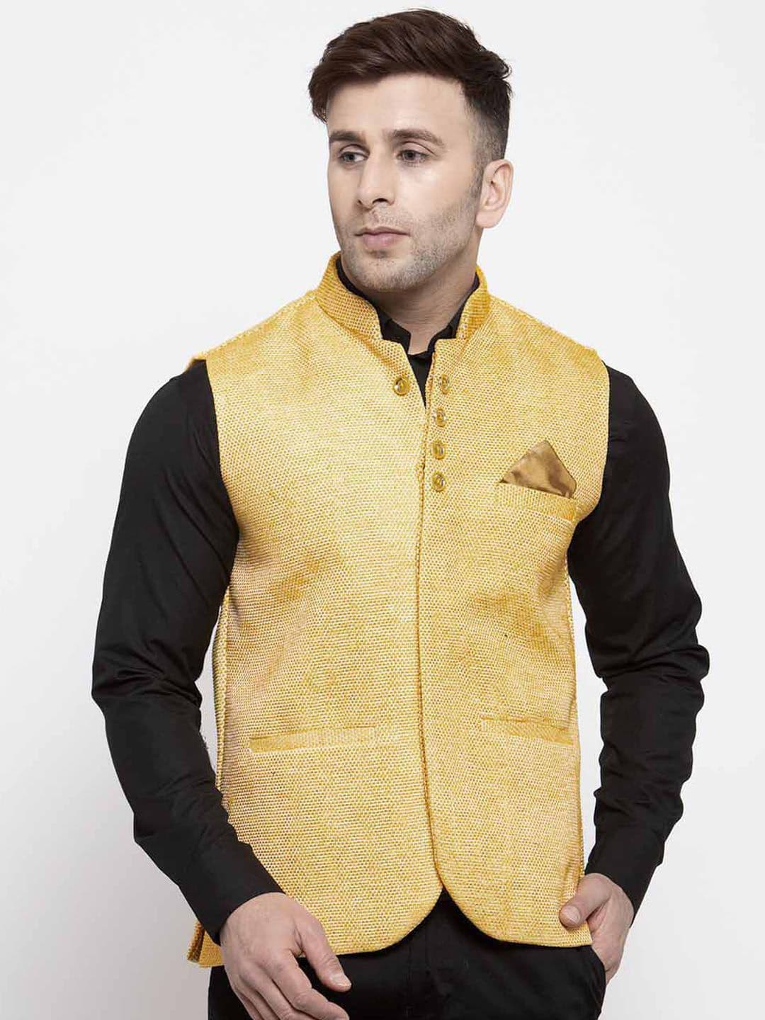 KLOTTHE Men Yellow Woven Design Nehru Jackets - view 1