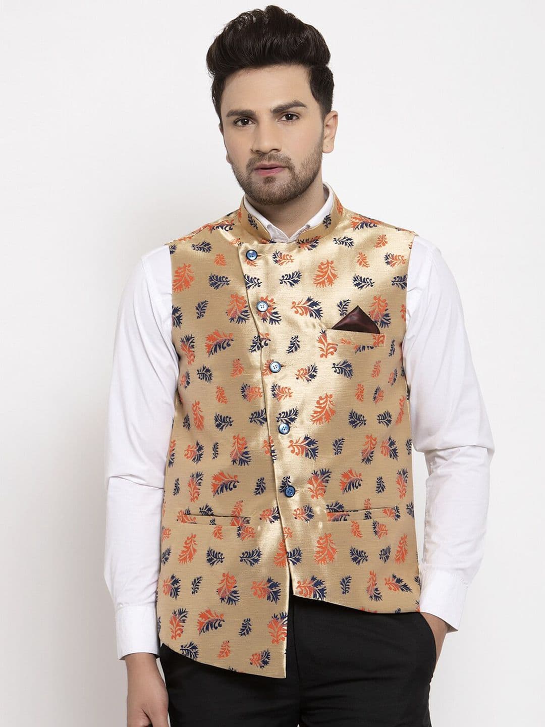 KLOTTHE Men Gold-Coloured Woven Design Nehru Jackets - view 1