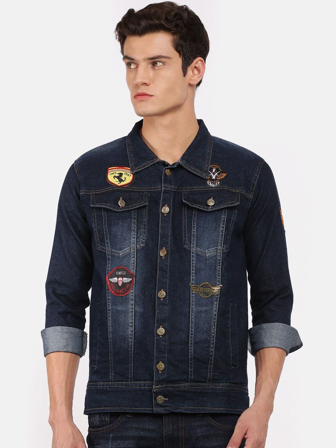 VOXATI Men Blue Washed Denim Jacket with Patchwork - view 1