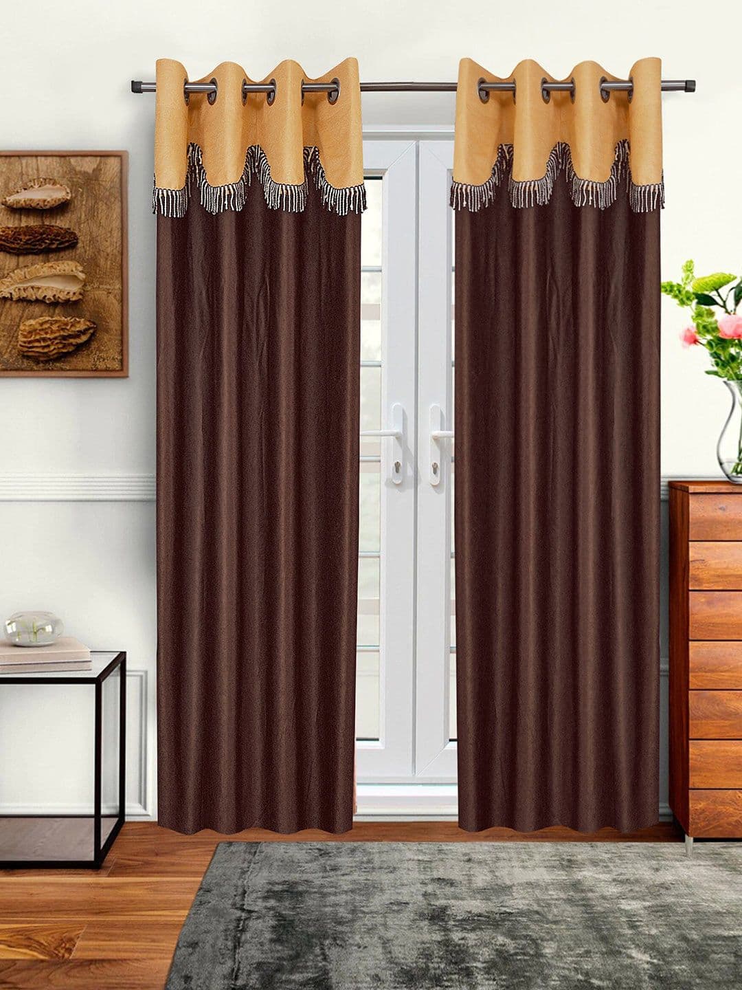 Cortina Set of 2 Brown & Beige Fancy Valance Plain Long Door Curtains - view 1