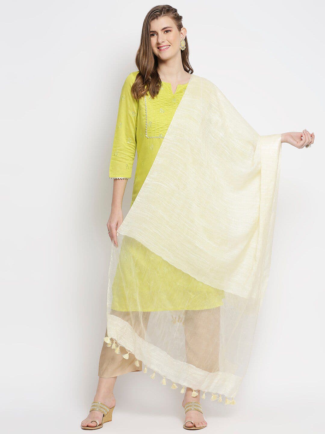 Dupatta Bazaar Cream-Coloured Linen With Organza Border Dupatta - view 1
