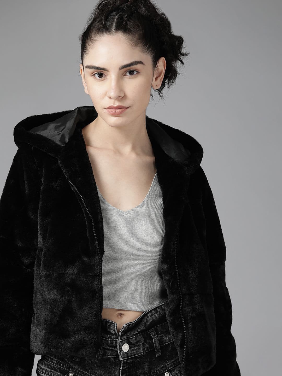 Roadster Women Black Solid Faux Fur Hooded Sherpa Jacket - view 1