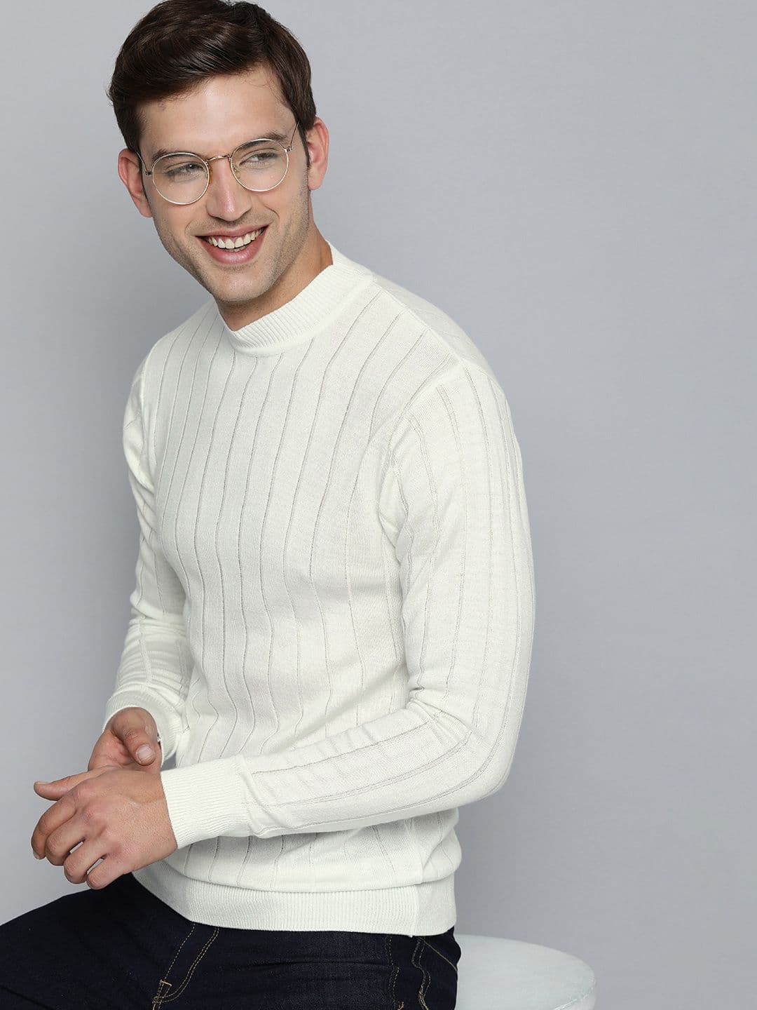 Mast & Harbour Men White Striped Turtle Neck Pullover - view 1