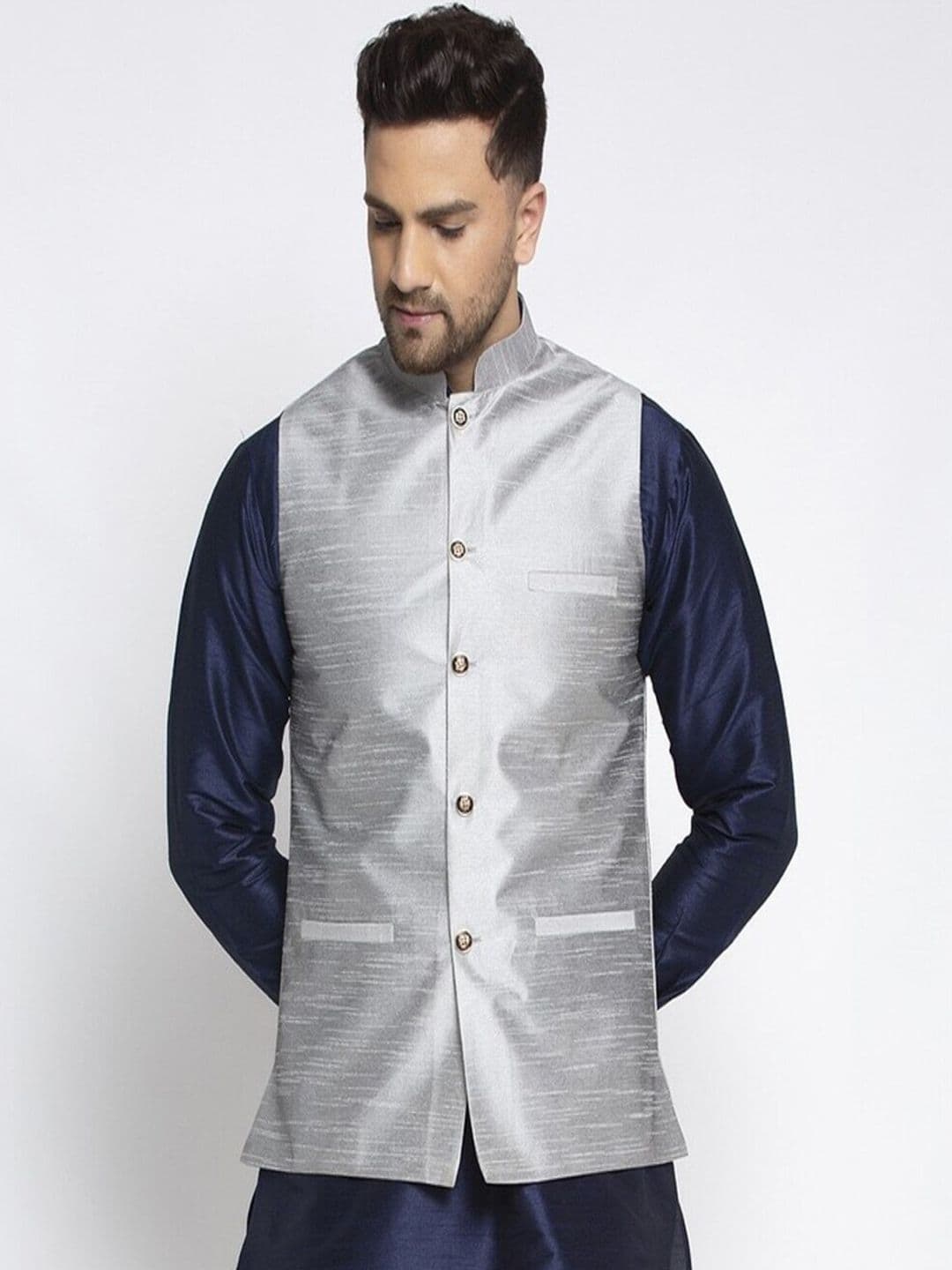 Kaifoo Men Silver-Colored Solid Woven Nehru Jacket - view 1