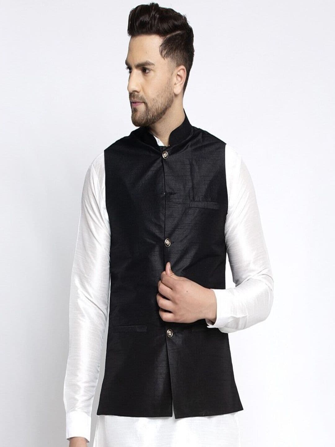 Kaifoo Men Black Solid Woven Nehru Jacket - view 1
