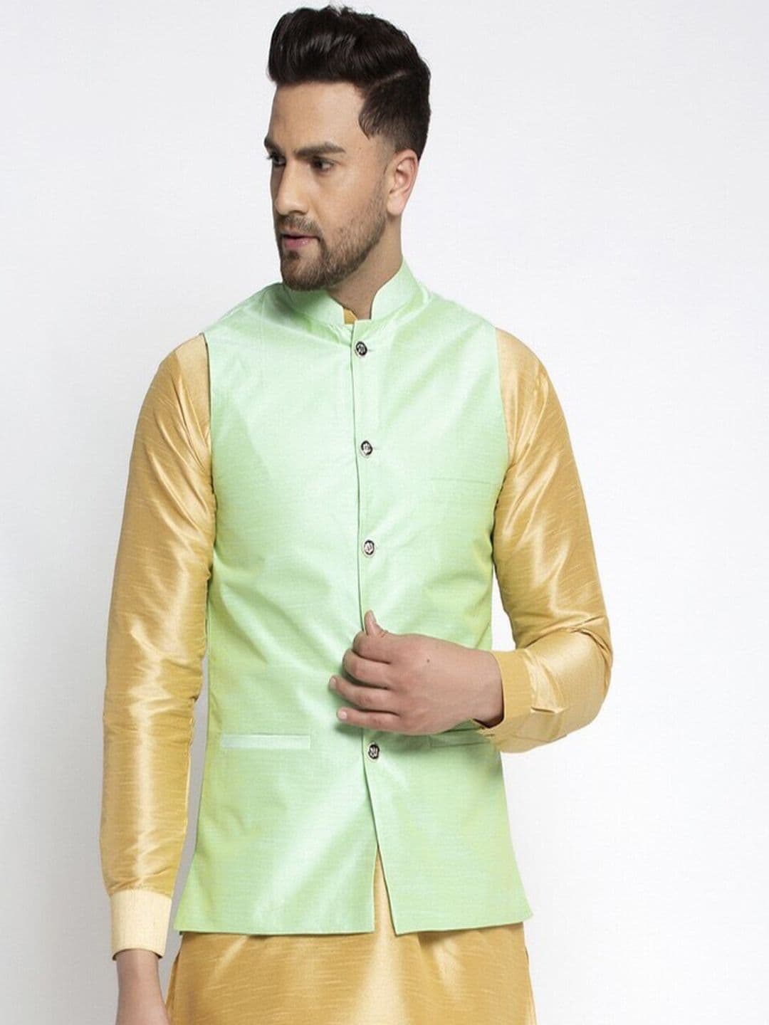 Kaifoo Men Green Solid Silk Nehru Jackets - view 1