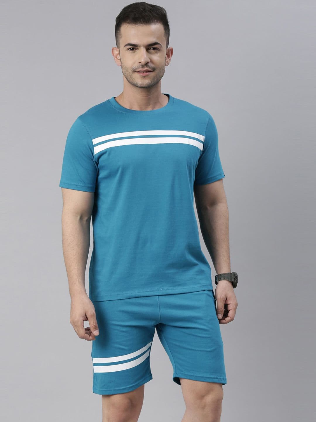 Bushirt Men Teal & White Striped Pure Cotton Night Suit - view 1