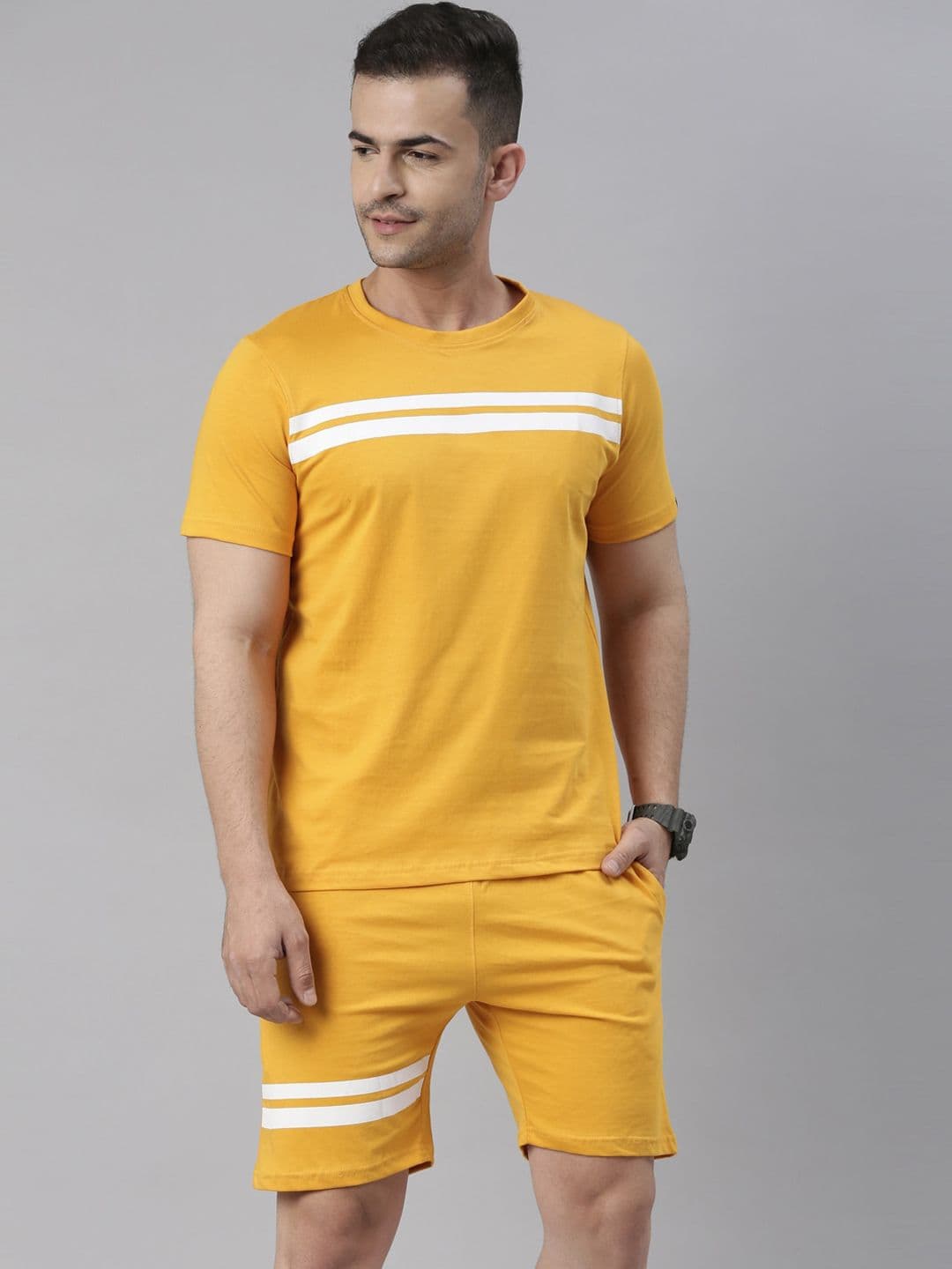 Bushirt Men Mustard & White Striped Pure Cotton Night Suit - view 1